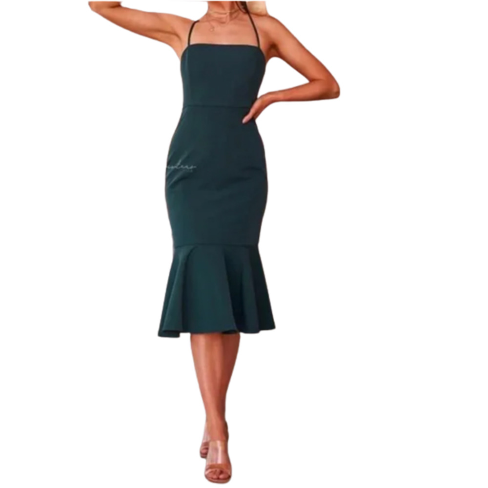 Twosisters Mermaid Ruffle Midi Dress Dark Green Strappy Formal Dress BRAND NEW